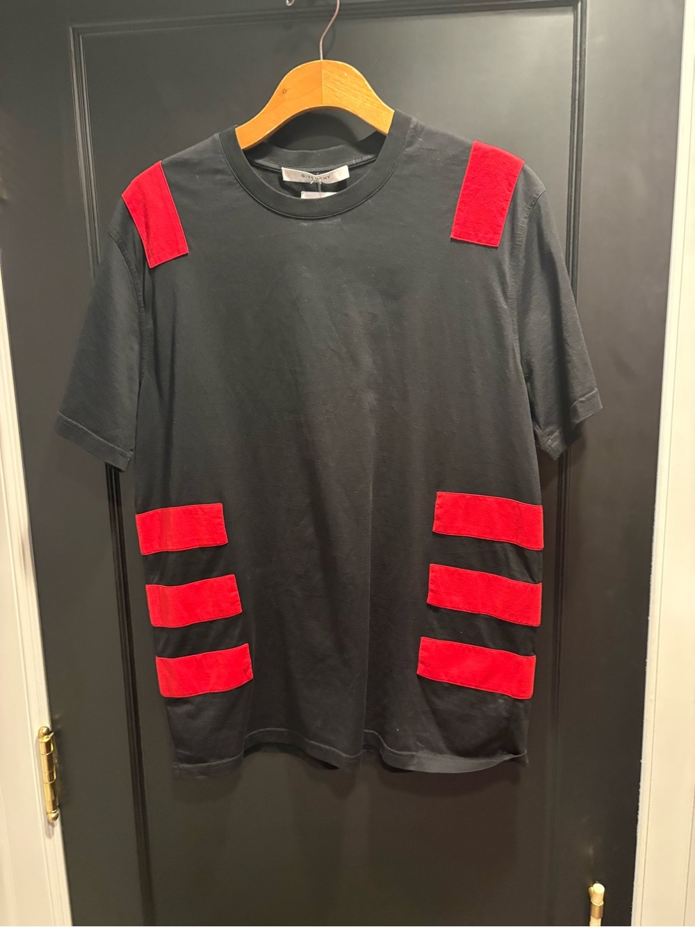 Givenchy Black Short-Sleeve Tee with Red Patch Stripes size xl